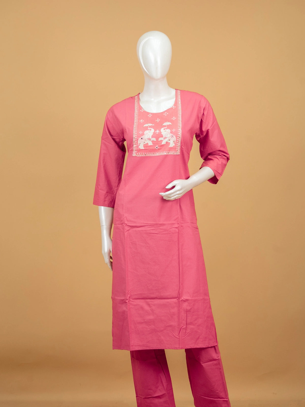 Pink cotton straight cut kurti set with elephant motif embroidered yoke and printed dupatta