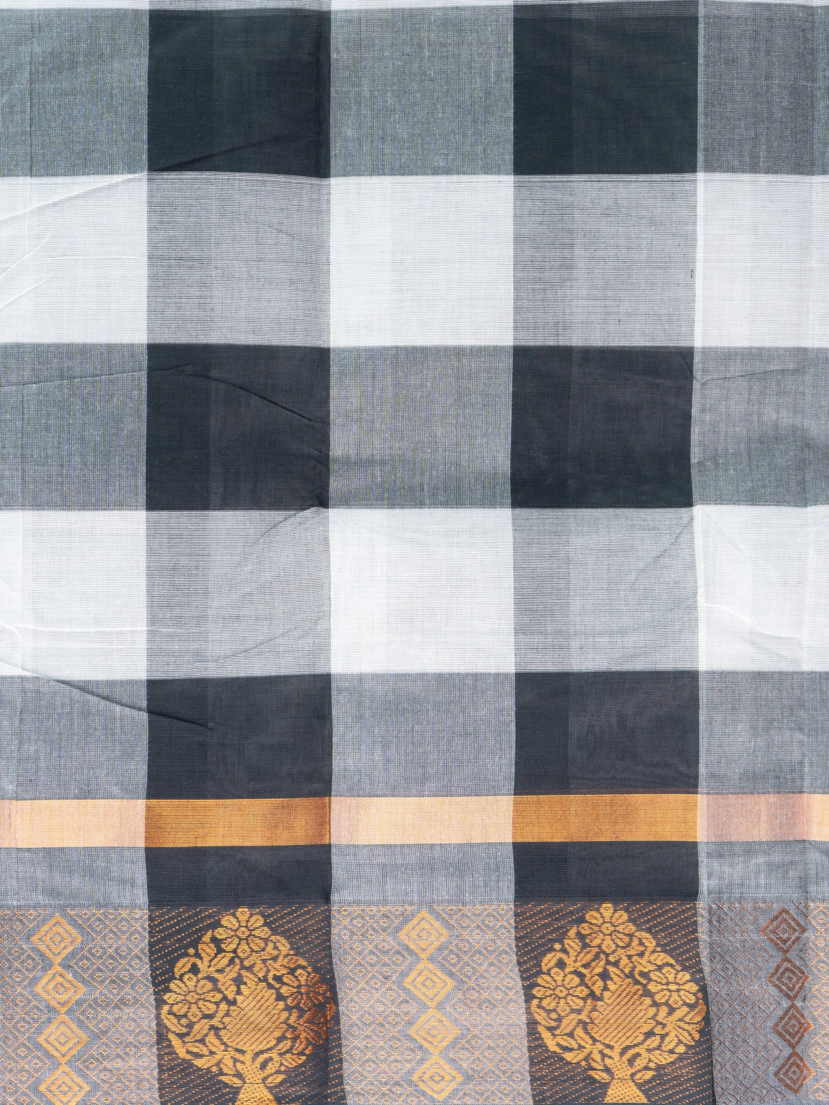 Grey and black checked Chettinad cotton saree with copper zari floral border