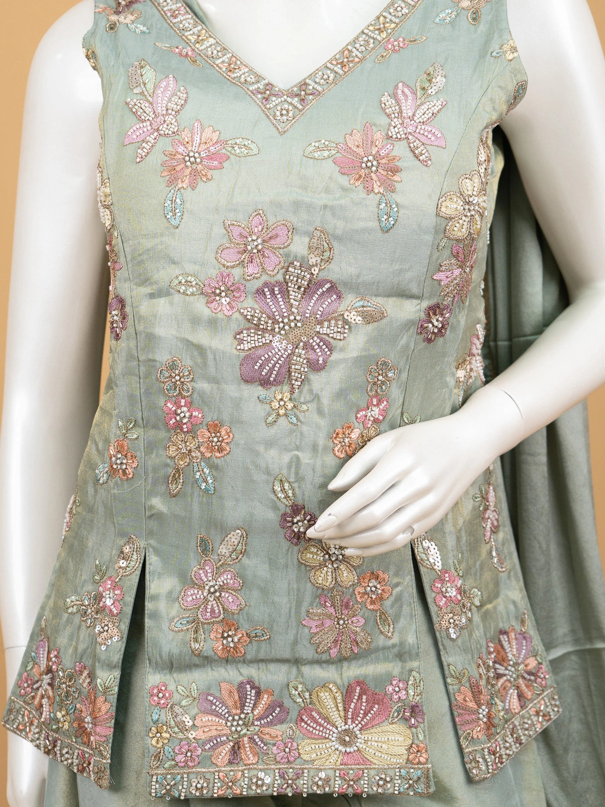 Sage green floral embroidered tissue silk straight cut kurti set with flared palazzo and dupatta