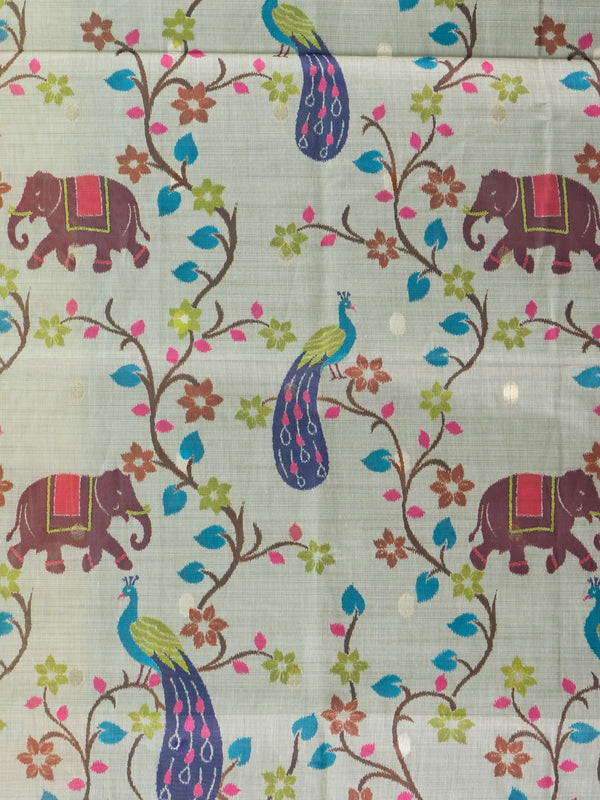 Cream linen cotton saree with peacock and elephant motifs and a teal silver zari border