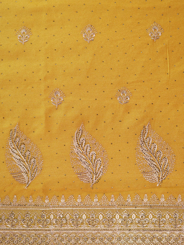 Mustard yellow designer saree with rose-gold embroidered butas, paisley pallu and embellished border