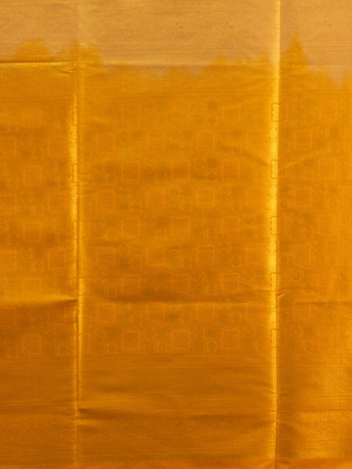Cream Kanchipuram fancy silk saree with mustard yellow contrast border and gold zari pallu