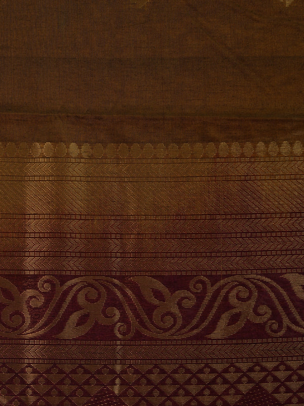 Mehendi-green silk cotton saree with maroon contrast border and gold zari peacock pallu