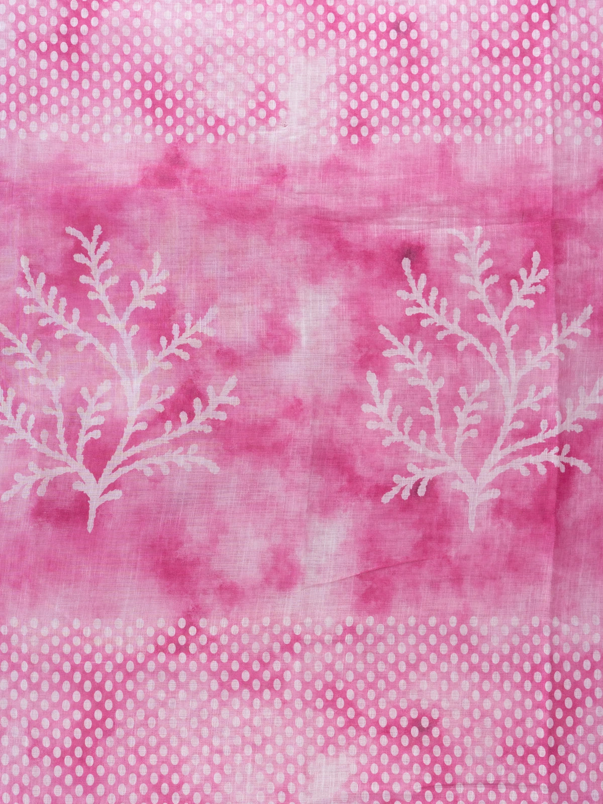 Pink and white linen cotton saree with shibori dot pattern, floral pallu and gold zari border
