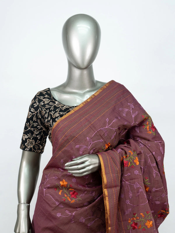 Mauve linen cotton saree with floral thread embroidery, gold zari kantha-stitch border and contrast black blouse