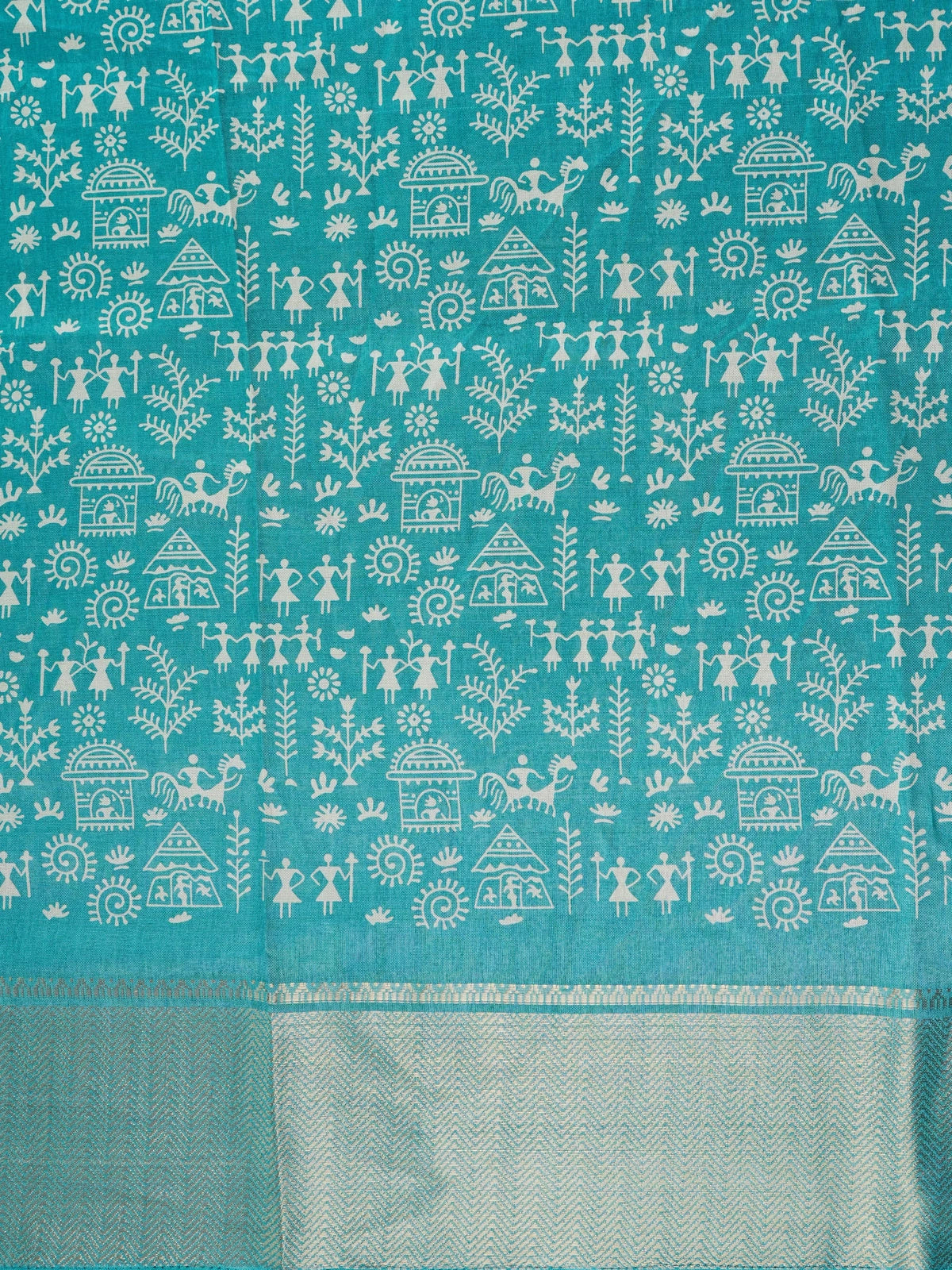 Teal blue designer saree with white Warli tribal print and gold zari border