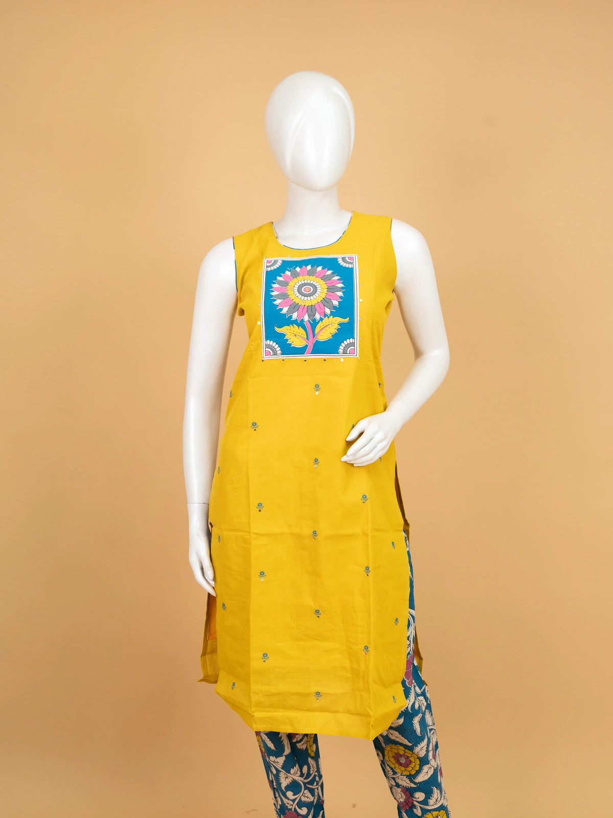 Mustard Yellow cotton straight cut kurti set with Kalamkari floral print yoke, teal printed pants and matching dupatta