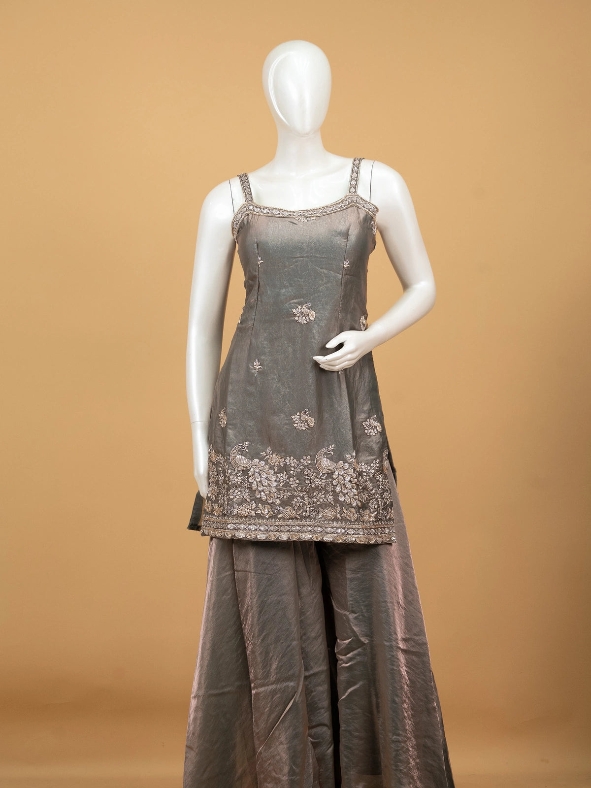 Grey tissue silk peacock embroidered straight cut kurti set with palazzo pants and shimmer dupatta