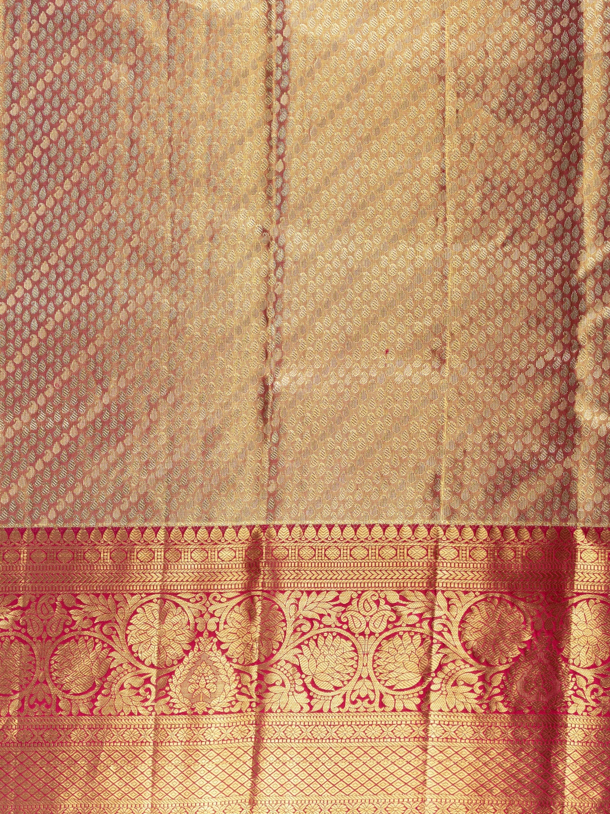Gold pure Kanchipuram silk saree with contrast pink zari border and ornate woven pallu