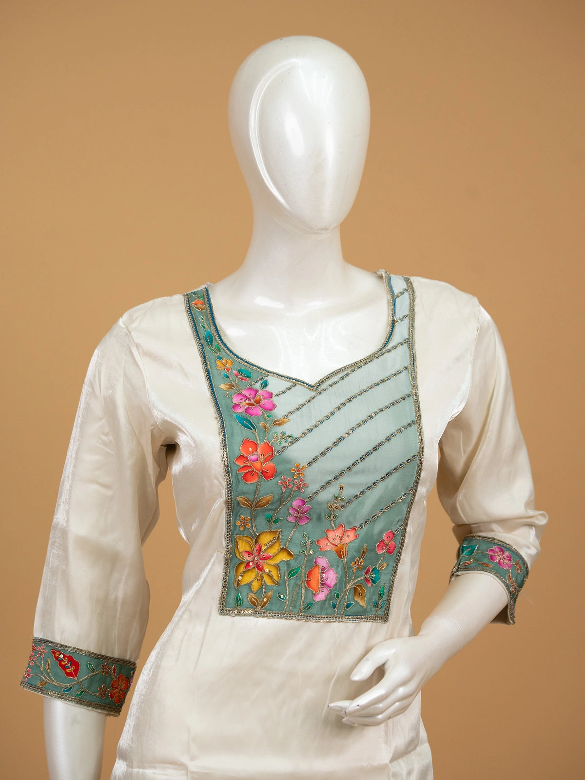 Off-White silk blend straight cut kurti set with sage green floral hand-painted embroidered yoke and matching dupatta