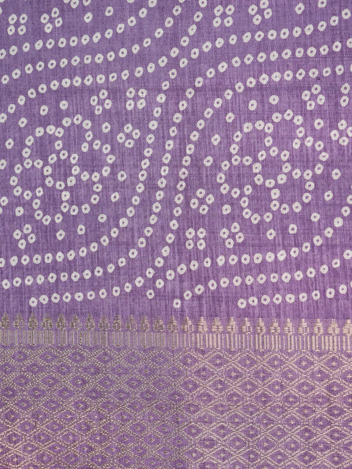 Lavender bandhani print designer saree with gold zari border and paisley pallu