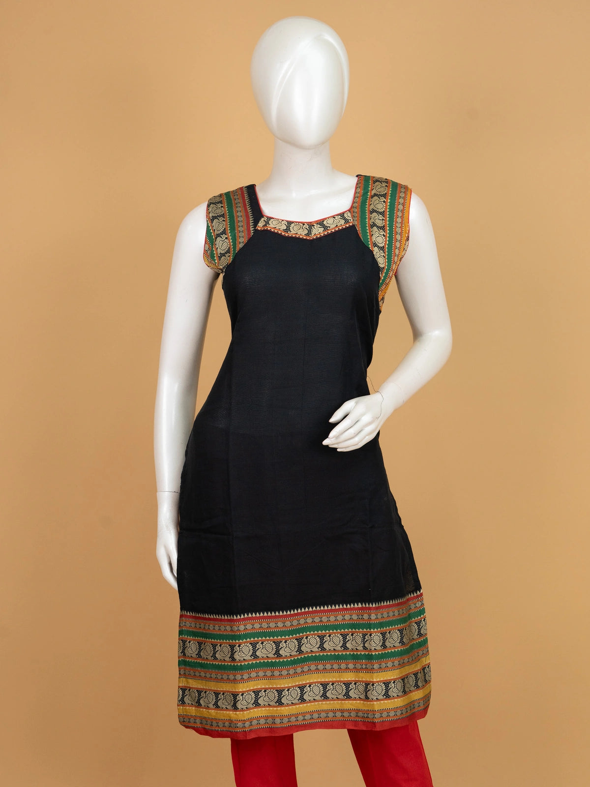 Black cotton straight cut kurti set with peacock woven borders, red pants and multicolour dupatta