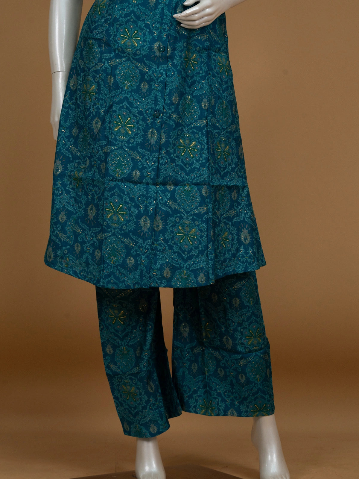 Teal cotton printed sleeveless collared co-ord kurti set with matching palazzo pants