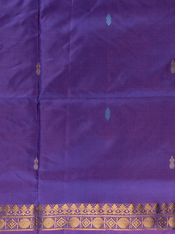 Purple banana silk saree with gold zari border and contrast mustard pallu
