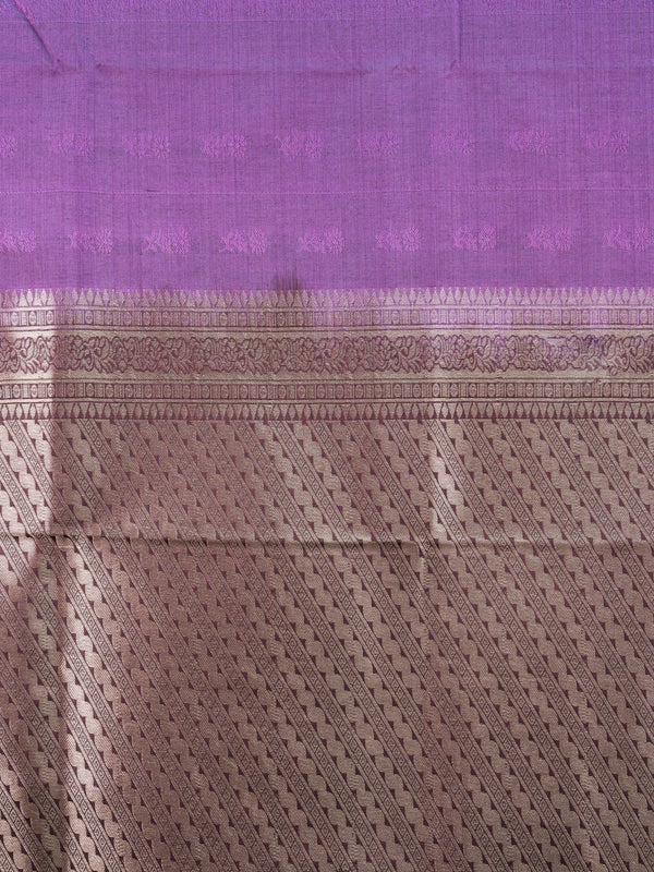 Purple semi silk saree with contrast wine border and copper-gold zari pallu