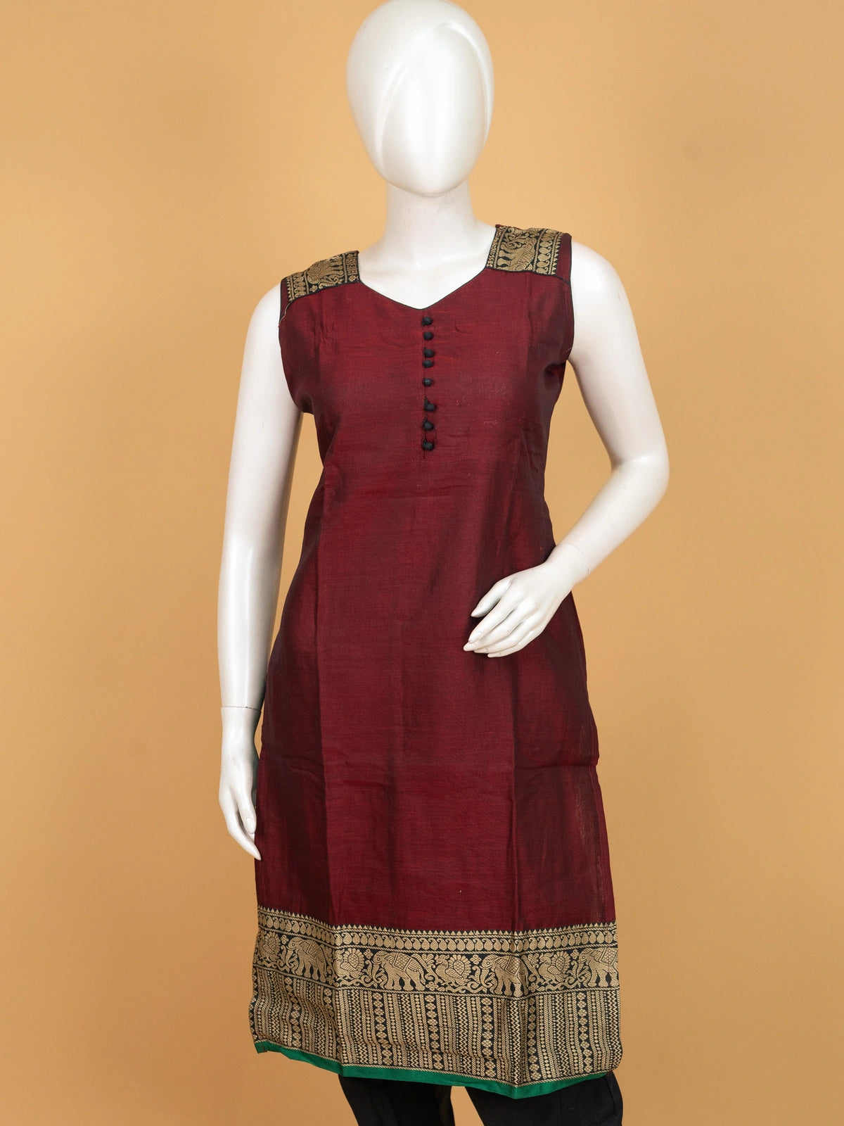 Maroon cotton silk straight cut kurti set with gold zari elephant border and dupatta