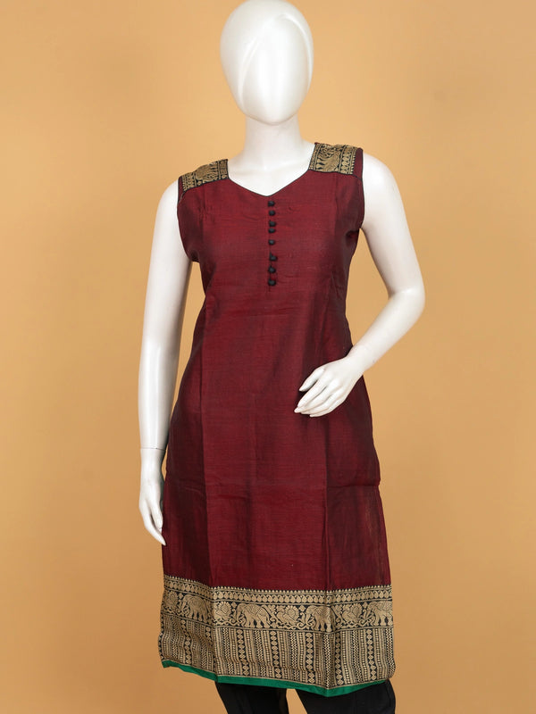Maroon cotton silk straight cut kurti set with gold zari elephant border and dupatta