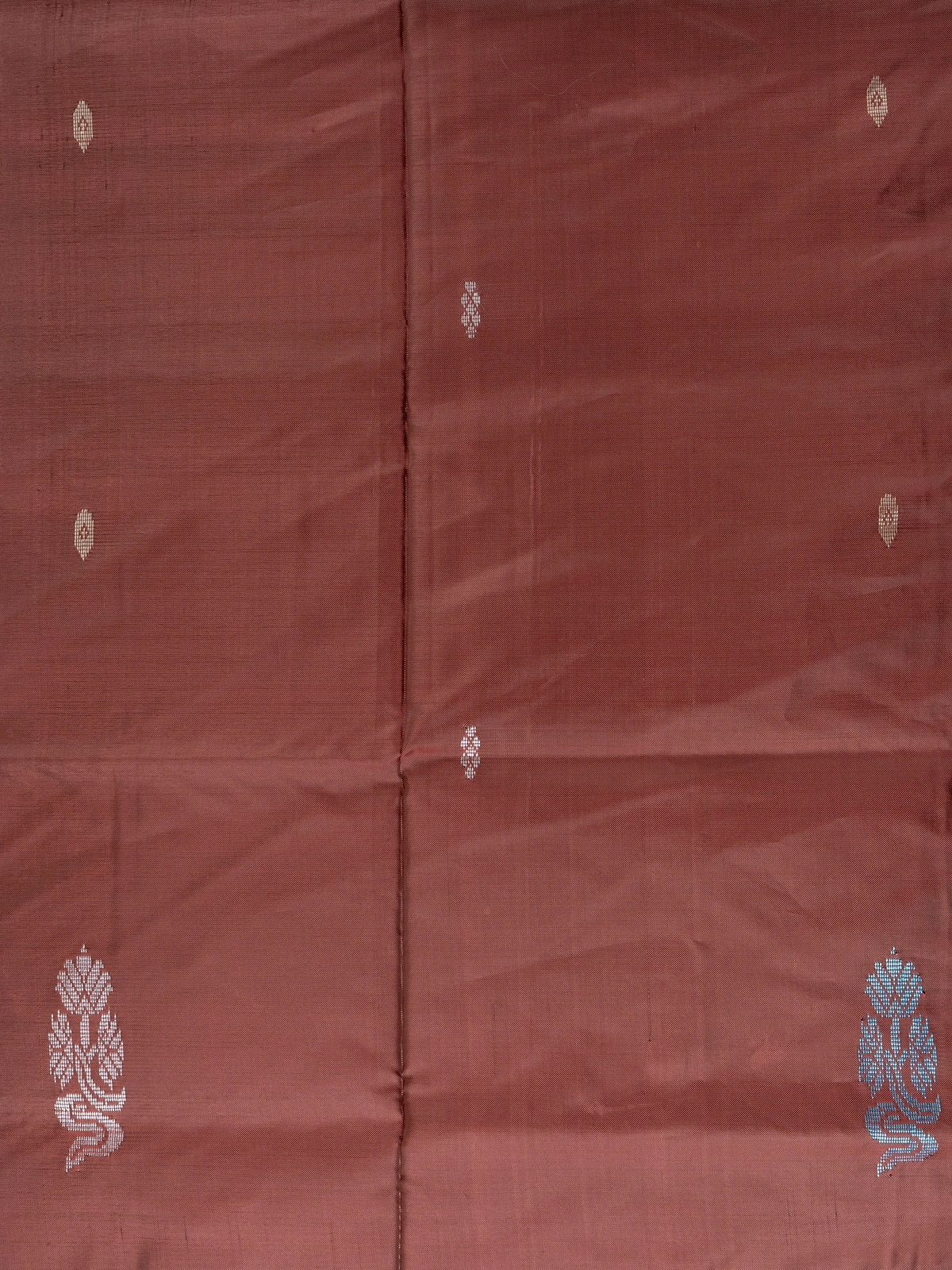 Maroon brown and peach banana silk saree with contrast pallu and woven butti motifs