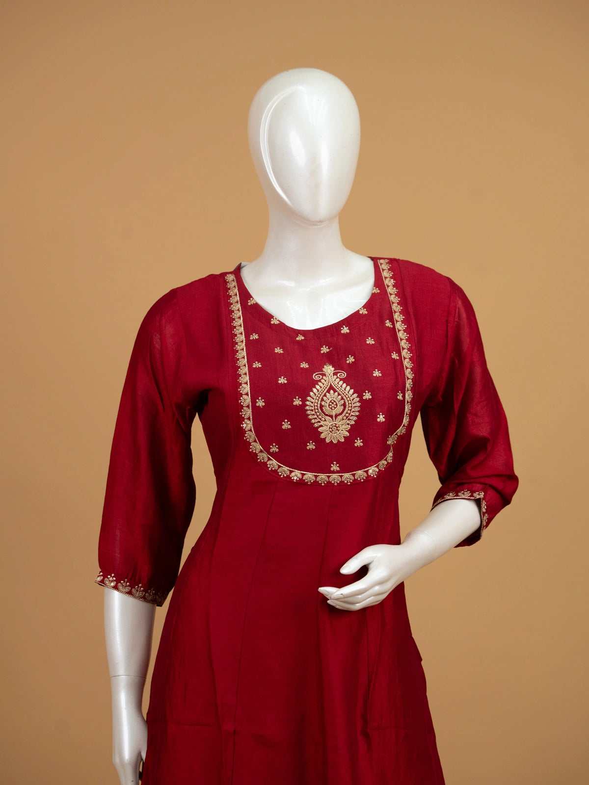 Red art silk zari embroidered Anarkali kurti set with matching pants and dupatta