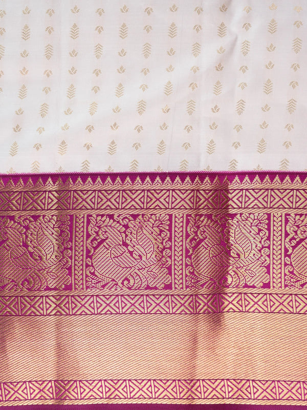 Cream pure Kanchipuram silk saree with gold zari buttis and contrast magenta zari border