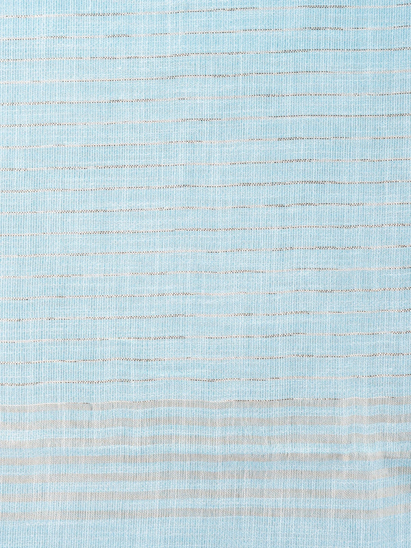 Sky blue linen cotton saree with fine silver zari stripes and matching blouse