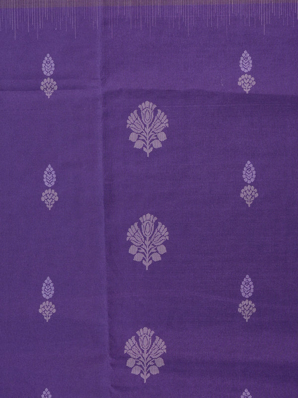 Purple Dola silk saree with lavender contrast border, floral buttas, and patterned pallu