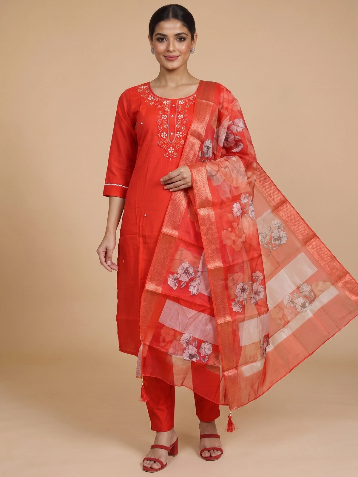 Red embroidered kurti set with straight pants and floral organza dupatta