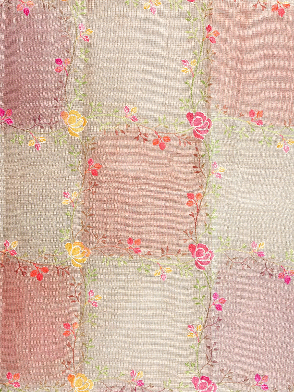Beige and pink semi raw silk saree with floral embroidery and contrast gold zari border