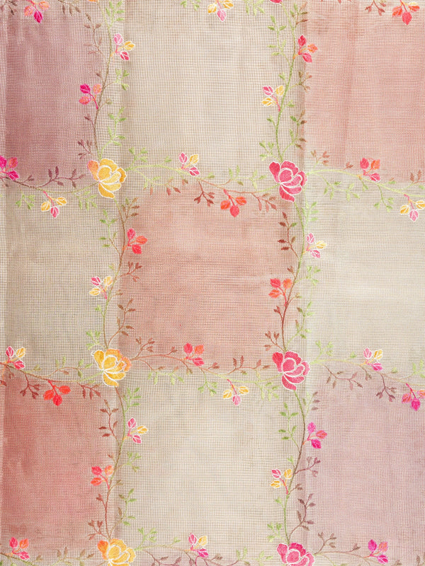 Beige and pink semi raw silk saree with floral embroidery and contrast gold zari border