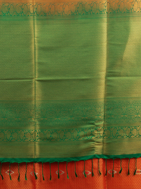 Orange Kanchipuram fancy silk saree with contrast green gold zari border and pallu