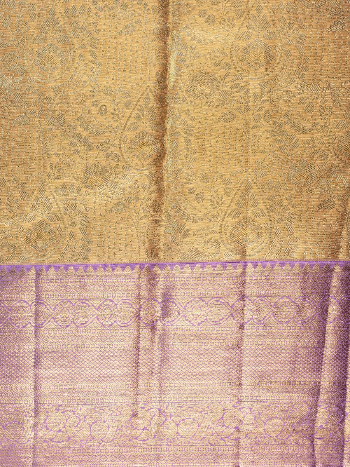 Gold pure Kanchipuram silk saree with contrast lavender zari border and peacock motif pallu