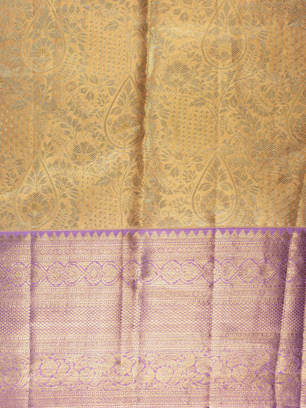 Gold pure Kanchipuram silk saree with contrast lavender zari border and peacock motif pallu