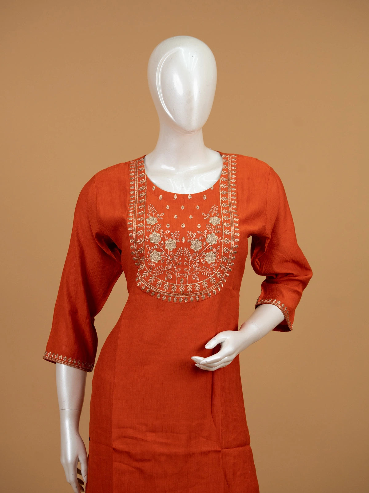 Orange zari embroidered cotton silk straight cut kurti set with printed dupatta