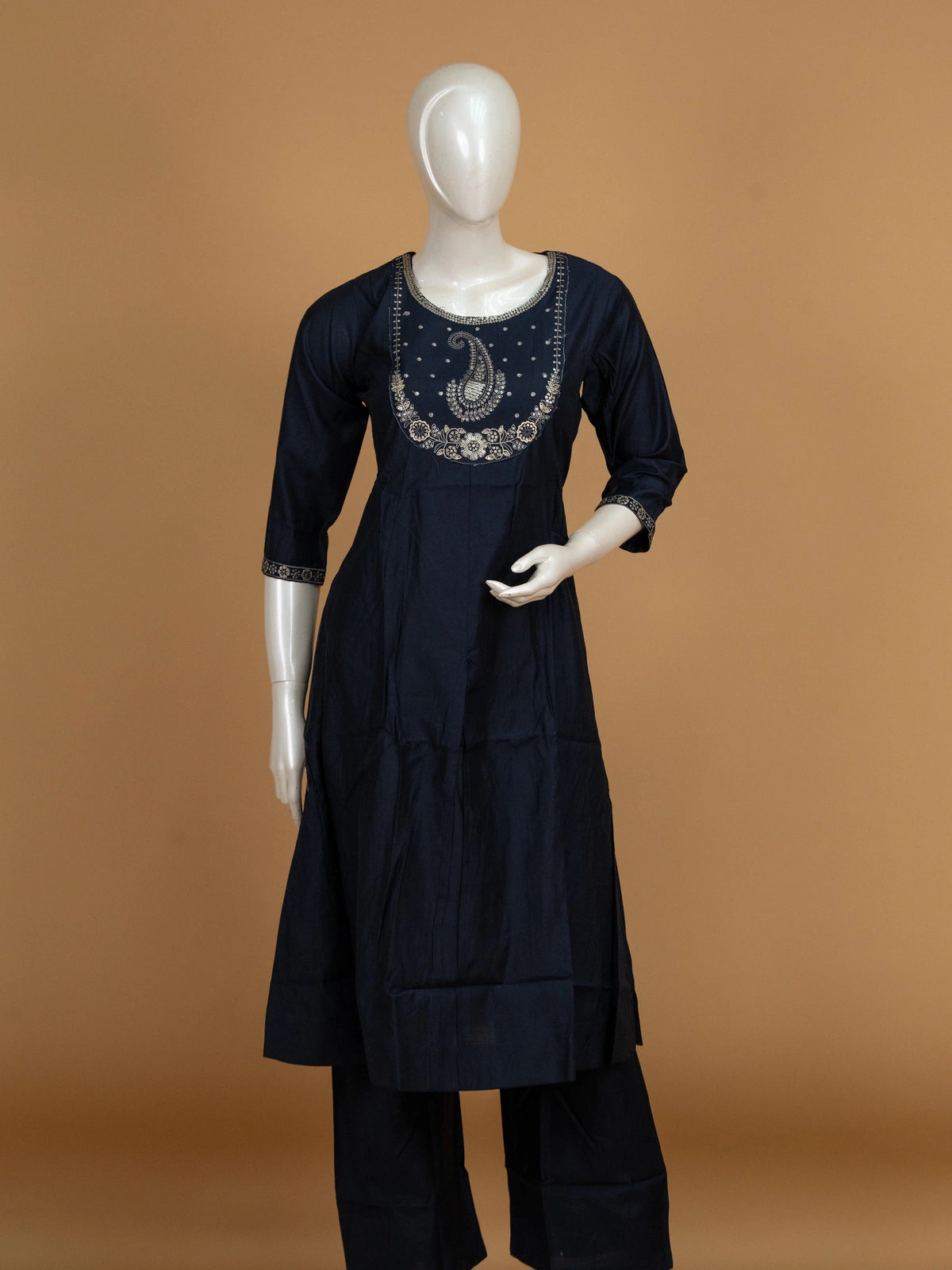 Navy Blue Zari embroidered cotton A-Line kurti set with grey printed dupatta and straight pants