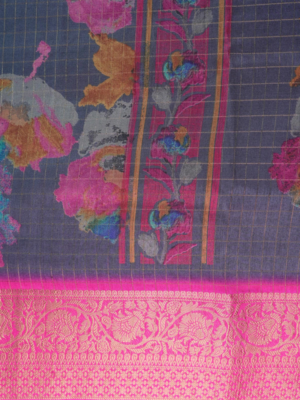 Grey-blue floral Dola silk saree with magenta pink gold zari border and contrast yellow blouse