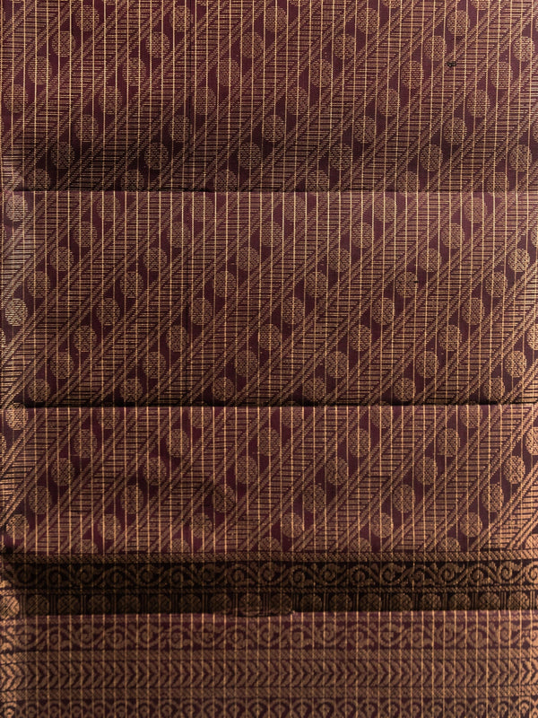 Mustard yellow pure soft silk saree with maroon contrast border and gold zari checks