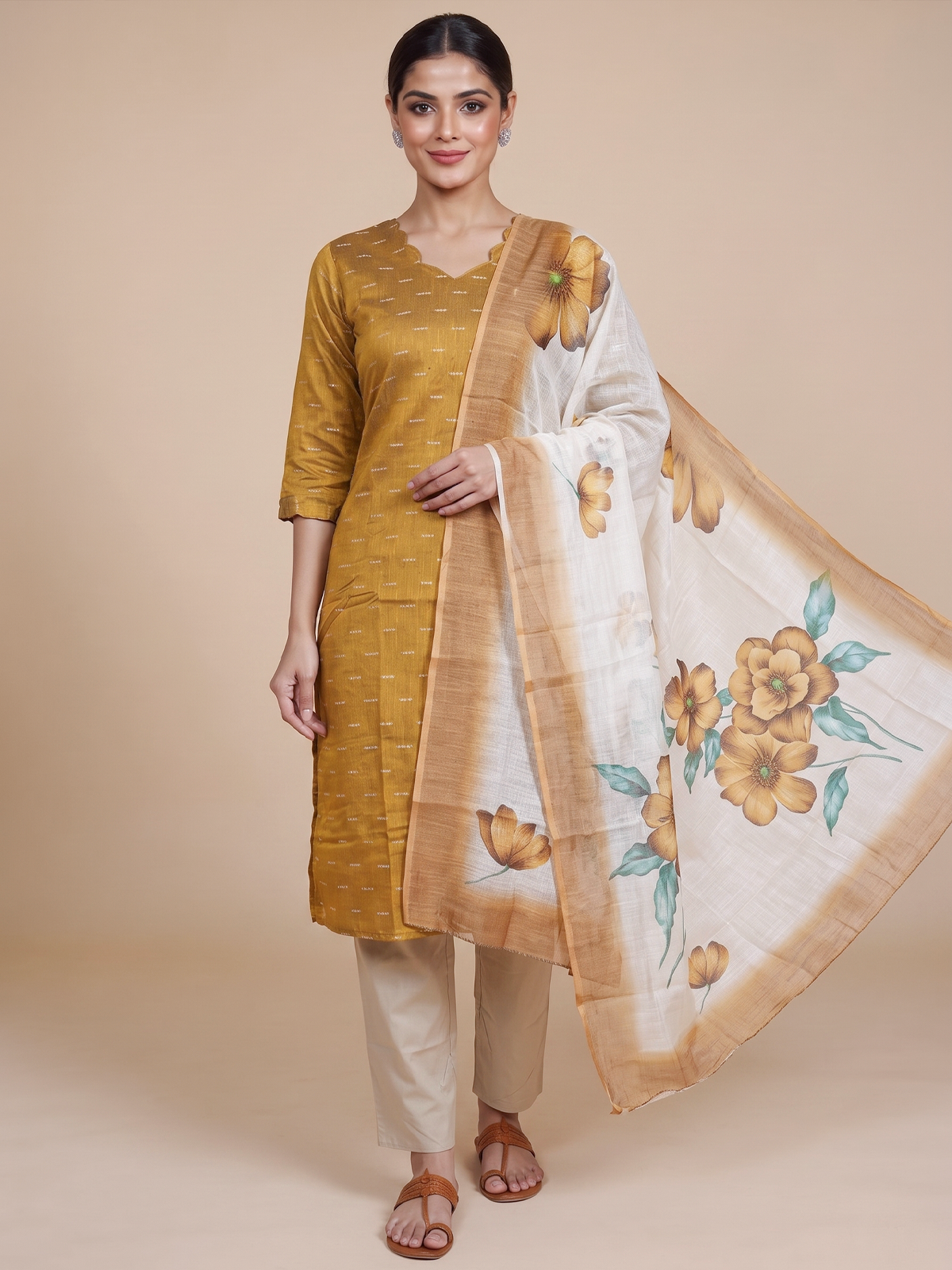 Mustard woven kurti set with beige pants and floral print cream dupatta
