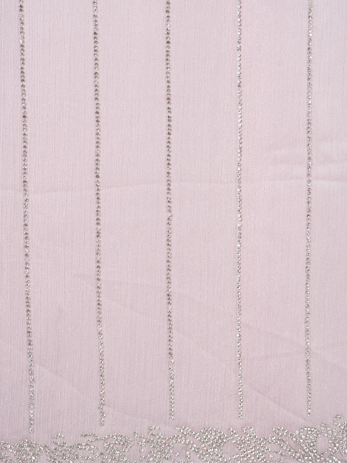 Lilac pink designer chiffon saree with silver sequin stripes and scalloped stone border