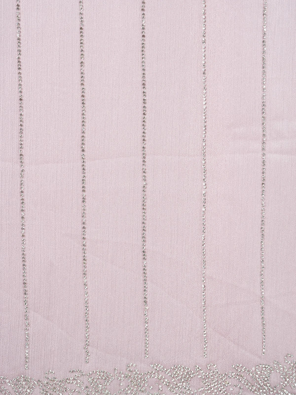Lilac pink designer chiffon saree with silver sequin stripes and scalloped stone border