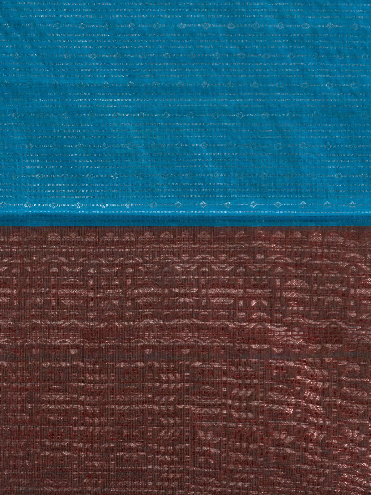 Peacock blue silk cotton saree with silver zari stripes and contrast maroon zari pallu