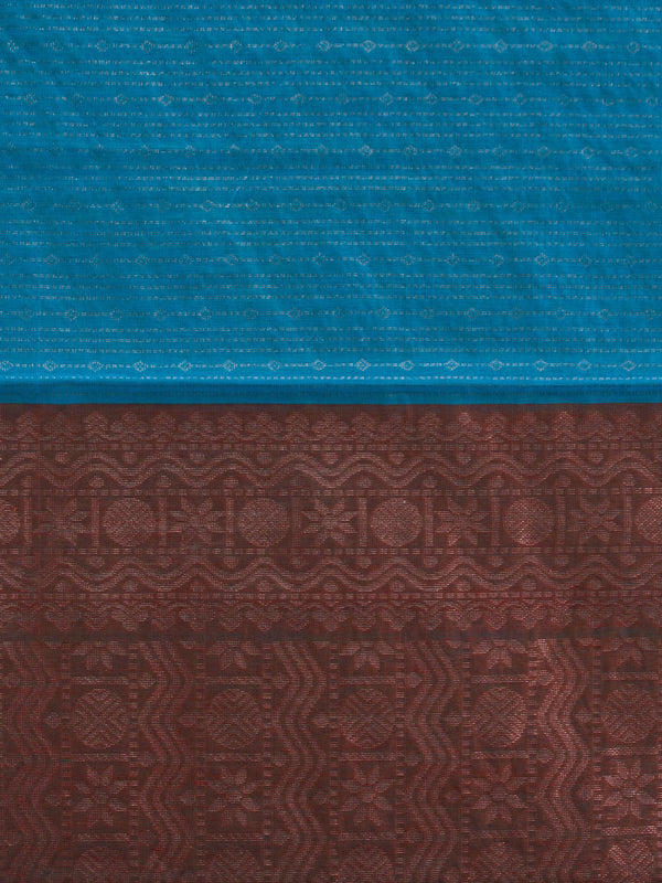 Peacock blue silk cotton saree with silver zari stripes and contrast maroon zari pallu