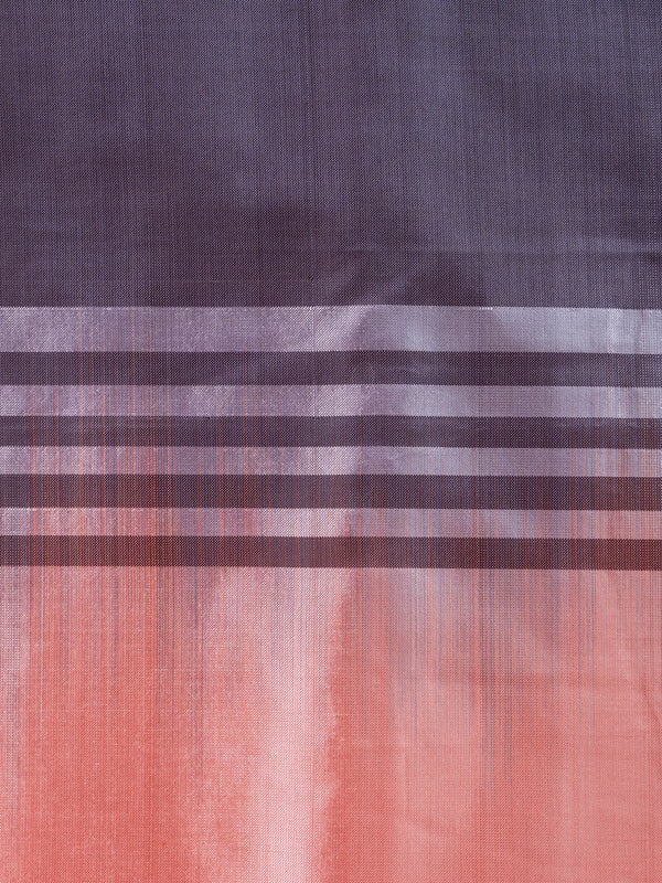 Aubergine banana silk saree with coral zari-striped pallu and contrast blouse