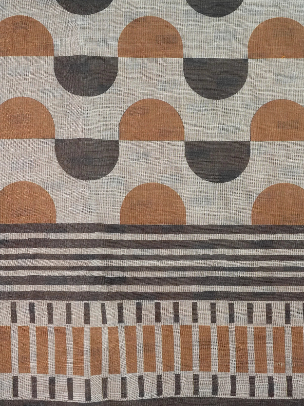 Cream and rust geometric print linen cotton saree with striped border and contrasting blouse