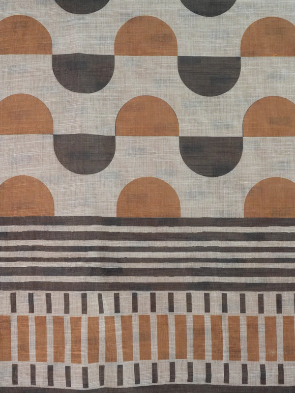 Cream and rust geometric print linen cotton saree with striped border and contrasting blouse