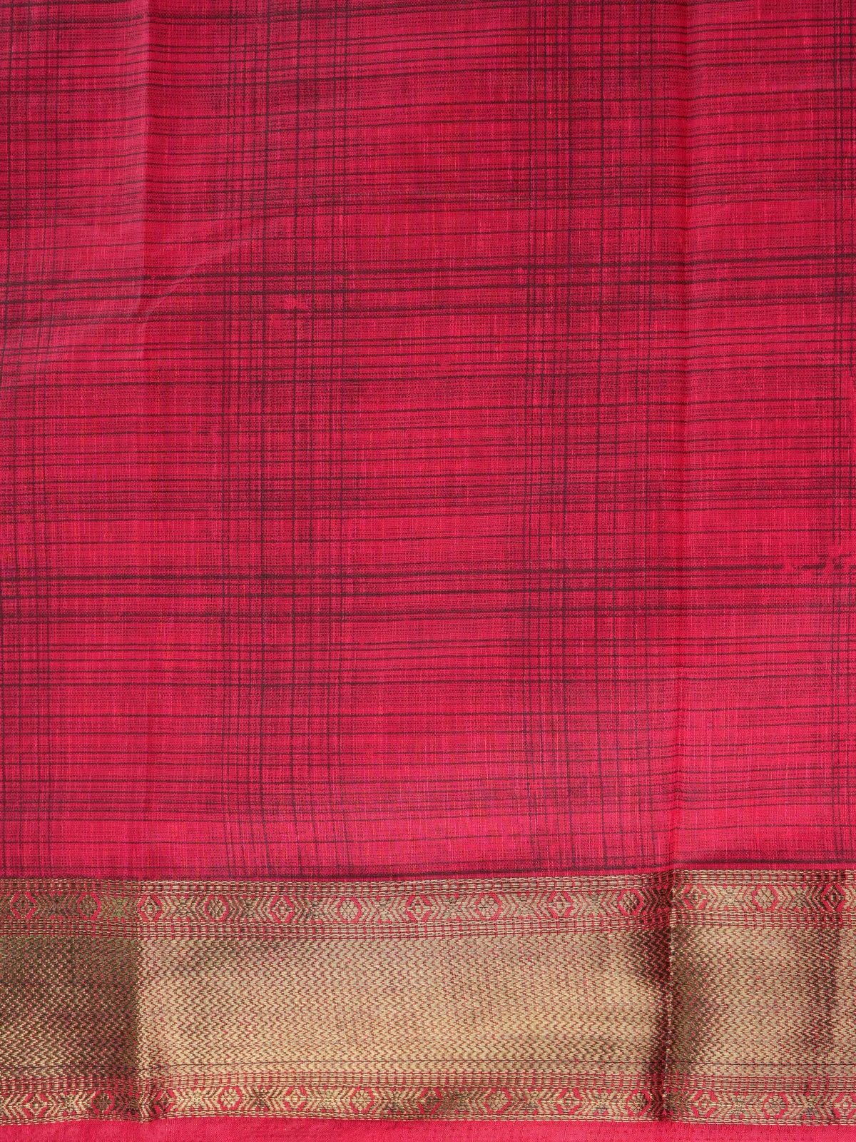Red and gold semi tussar saree with black checked body and contrast gold zari border