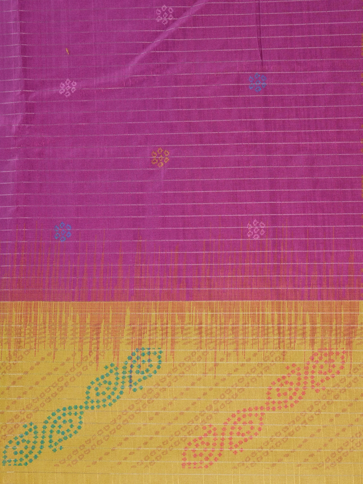 Magenta Dola silk saree with yellow contrast border and bandhani-motif pallu