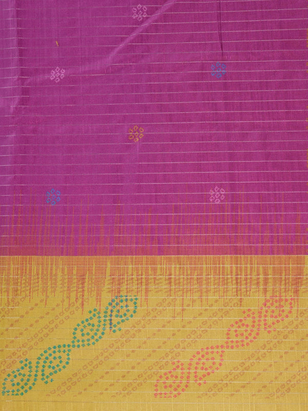 Magenta Dola silk saree with yellow contrast border and bandhani-motif pallu