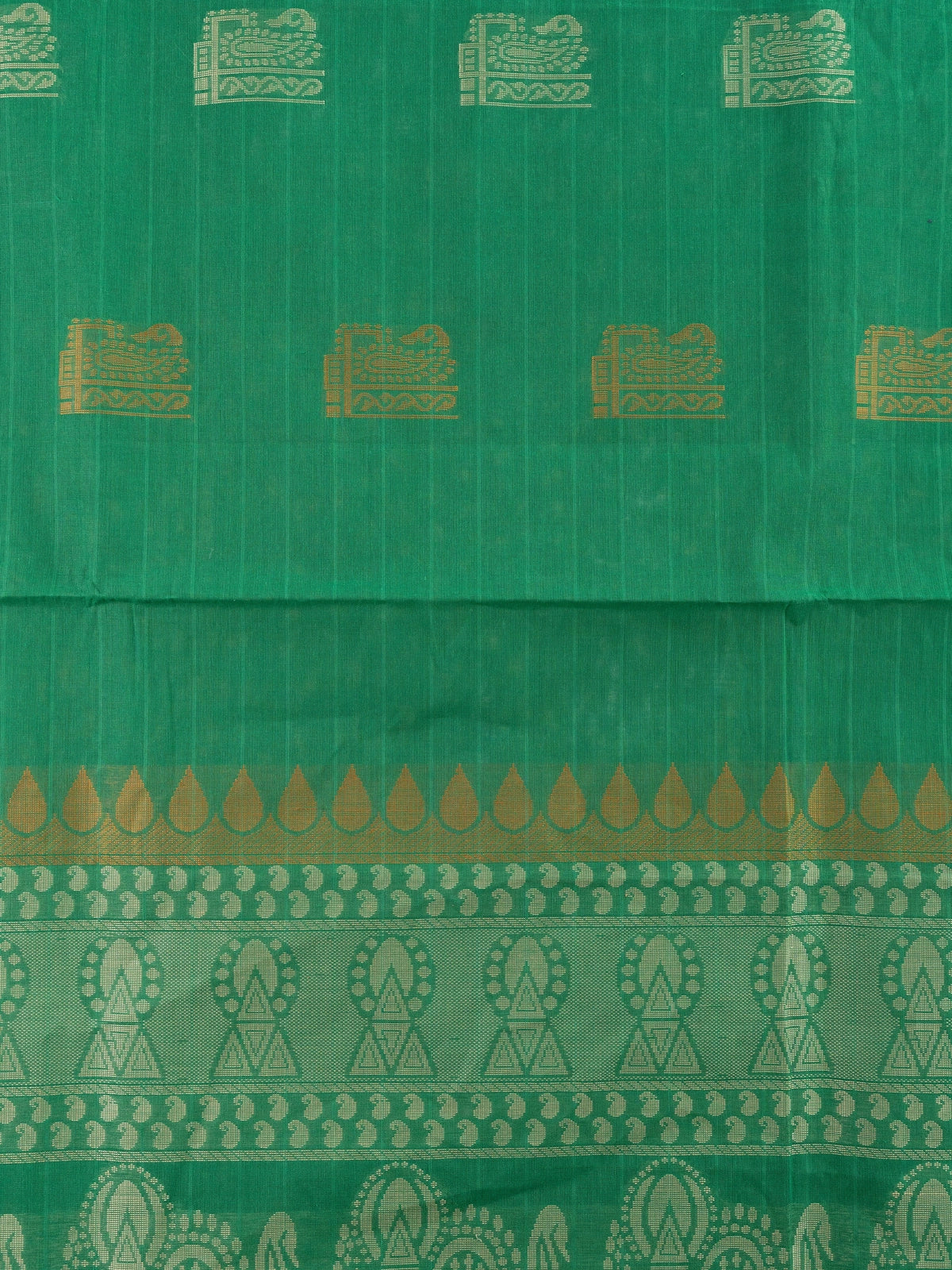Green semi raw silk saree with contrast maroon gold zari border and woven butta motifs