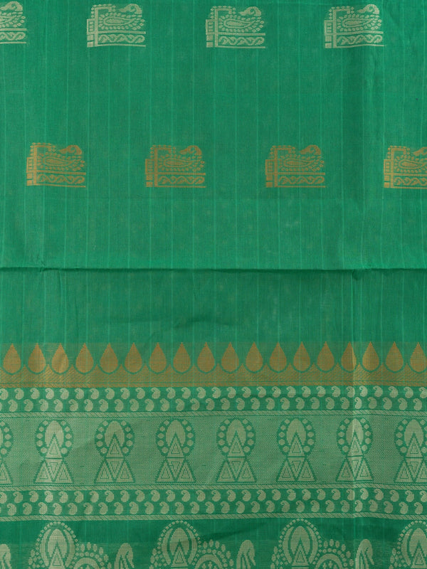 Green semi raw silk saree with contrast maroon gold zari border and woven butta motifs