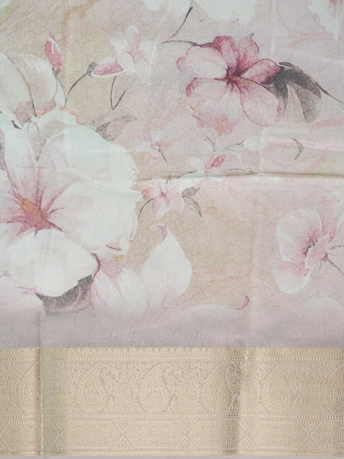 Pastel beige and pink floral designer art silk saree with gold zari border and printed pallu